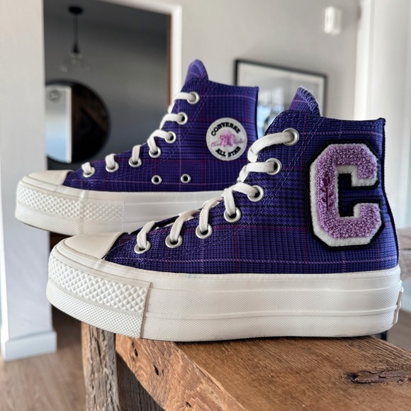 Sz 5 Converse Chuck Taylor All Star Lift High ‘Plaid Court Purple’ GUC - Picture 1 of 6